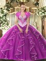 Inexpensive Tulle Sweetheart Sleeveless Lace Up Beading 15th Birthday Dress in Fuchsia