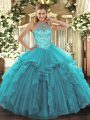 Shining Teal Organza Lace Up Halter Top Sleeveless Floor Length Sweet 16 Dress Beading and Embroidery and Ruffles