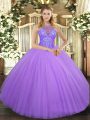 Lavender Quinceanera Dresses Military Ball and Sweet 16 and Quinceanera with Beading High-neck Sleeveless Lace Up