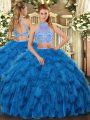 Sleeveless Floor Length Beading and Ruffles Criss Cross Sweet 16 Dress with Blue