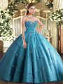 Teal Tulle Lace Up Sweet 16 Dresses Sleeveless Floor Length Appliques and Embroidery