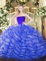 Zipper Quinceanera Gown Blue for Military Ball and Sweet 16 and Quinceanera with Ruffles Brush Train