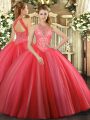 Top Selling Floor Length Ball Gowns Sleeveless Coral Red Sweet 16 Dresses Lace Up