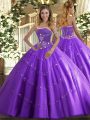Glittering Ball Gowns Quinceanera Gowns Lavender Strapless Tulle Sleeveless Floor Length Lace Up