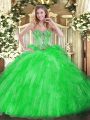 Tulle Sweetheart Sleeveless Lace Up Beading and Ruffles 15th Birthday Dress in Green