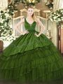 Designer Dark Green Sleeveless Floor Length Beading and Embroidery and Ruffled Layers Zipper 15 Quinceanera Dress