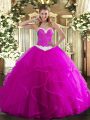 Fine Fuchsia Quince Ball Gowns Military Ball and Sweet 16 and Quinceanera with Appliques and Ruffles Sweetheart Sleeveless Lace Up