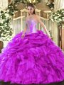Organza Sweetheart Sleeveless Lace Up Beading and Ruffles and Pick Ups Vestidos de Quinceanera in Fuchsia