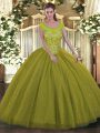 Olive Green Ball Gowns Scoop Sleeveless Tulle Floor Length Backless Beading Quinceanera Dresses