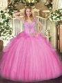 Dramatic Rose Pink Ball Gowns Beading Quinceanera Dress Lace Up Tulle Sleeveless Floor Length