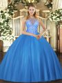 Ball Gowns Sweet 16 Quinceanera Dress Baby Blue High-neck Tulle Sleeveless Floor Length Lace Up