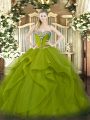 Eye-catching Olive Green Ball Gowns Beading and Ruffles Quinceanera Gowns Lace Up Tulle Sleeveless Floor Length