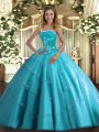 On Sale Floor Length Aqua Blue Ball Gown Prom Dress Strapless Sleeveless Lace Up