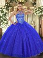 Royal Blue Ball Gowns Beading and Embroidery Quinceanera Dress Lace Up Tulle and Sequined Sleeveless Floor Length