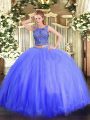Blue Lace Up Sweet 16 Quinceanera Dress Beading Sleeveless Floor Length