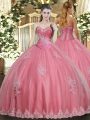 Traditional Watermelon Red Sleeveless Tulle Lace Up Quinceanera Dress for Military Ball and Sweet 16 and Quinceanera
