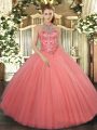 Enchanting Watermelon Red Sleeveless Floor Length Beading and Embroidery Lace Up Ball Gown Prom Dress