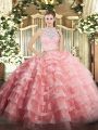Beauteous Watermelon Red Scoop Zipper Lace and Ruffled Layers 15th Birthday Dress Sleeveless