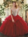 Latest Floor Length Wine Red Quince Ball Gowns Tulle Sleeveless Beading and Ruffles