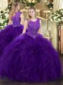 Colorful Purple Ball Gowns Beading and Ruffles 15 Quinceanera Dress Zipper Organza Sleeveless Floor Length
