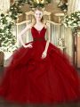 Wine Red Ball Gown Prom Dress Military Ball and Sweet 16 and Quinceanera with Beading and Ruffled Layers Straps Sleeveless Zipper