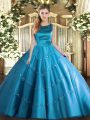 Fine Aqua Blue Ball Gowns Tulle Scoop Sleeveless Appliques Floor Length Lace Up Sweet 16 Quinceanera Dress