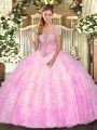 Rose Pink Strapless Lace Up Appliques and Ruffles Ball Gown Prom Dress Sleeveless