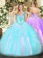 Fantastic Sleeveless Floor Length Beading and Ruffles Lace Up Quinceanera Dress with Aqua Blue