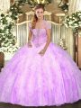 Spectacular Lilac Ball Gowns Tulle Strapless Sleeveless Appliques and Ruffles Floor Length Lace Up Quinceanera Dress