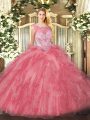 Sweet Rose Pink Sweet 16 Quinceanera Dress Sweet 16 and Quinceanera with Beading and Ruffles Scoop Sleeveless Zipper