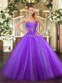 Extravagant Eggplant Purple Ball Gowns Sweetheart Sleeveless Tulle Floor Length Lace Up Beading Sweet 16 Dress