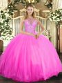 Custom Fit Rose Pink Lace Up Quinceanera Gown Beading Sleeveless Floor Length