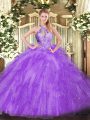 Sleeveless Floor Length Beading Lace Up Quinceanera Gowns with Lavender