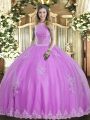 Lilac High-neck Neckline Beading and Appliques Quince Ball Gowns Sleeveless Lace Up