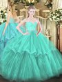 Zipper Quinceanera Dress Turquoise for Military Ball and Sweet 16 and Quinceanera with Beading and Lace and Ruffled Layers Brush Train
