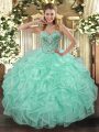 Apple Green Tulle Lace Up Ball Gown Prom Dress Sleeveless Floor Length Beading and Ruffles