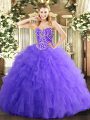 Sumptuous Lavender Sleeveless Floor Length Beading and Ruffles Lace Up Quinceanera Dress