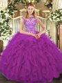 Fitting Eggplant Purple 15th Birthday Dress Sweet 16 and Quinceanera with Beading and Ruffles Scoop Cap Sleeves Lace Up