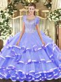 Ball Gowns 15th Birthday Dress Lavender Scoop Lace Sleeveless Floor Length Clasp Handle
