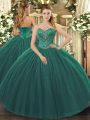 Dark Green Ball Gowns Tulle Sweetheart Sleeveless Beading Floor Length Lace Up Quinceanera Gown