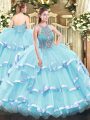 Elegant Sleeveless Floor Length Beading and Ruffled Layers Lace Up Quinceanera Dress with Aqua Blue