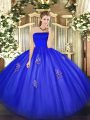 Flirting Blue Ball Gowns Tulle Strapless Sleeveless Appliques Floor Length Zipper Vestidos de Quinceanera