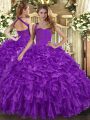 Dramatic Purple Halter Top Neckline Ruffles Sweet 16 Dresses Sleeveless Lace Up