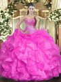Edgy Sleeveless Organza Floor Length Lace Up Ball Gown Prom Dress in Fuchsia with Beading and Ruffles
