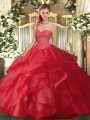 Nice Red Lace Up Sweetheart Beading and Ruffles Quinceanera Dress Tulle Sleeveless
