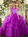 Stylish Fuchsia Tulle Lace Up Halter Top Sleeveless Floor Length Ball Gown Prom Dress Ruffled Layers