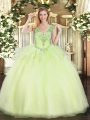 Comfortable V-neck Sleeveless Tulle Quince Ball Gowns Beading Lace Up
