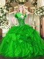Delicate Floor Length Lace Up Quinceanera Gown Green for Military Ball and Sweet 16 and Quinceanera with Beading and Ruffles