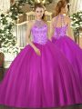 Great Floor Length Lace Up Quinceanera Dresses Fuchsia for Military Ball and Sweet 16 and Quinceanera with Beading