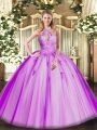 Tulle Halter Top Sleeveless Lace Up Lace and Appliques 15th Birthday Dress in Fuchsia